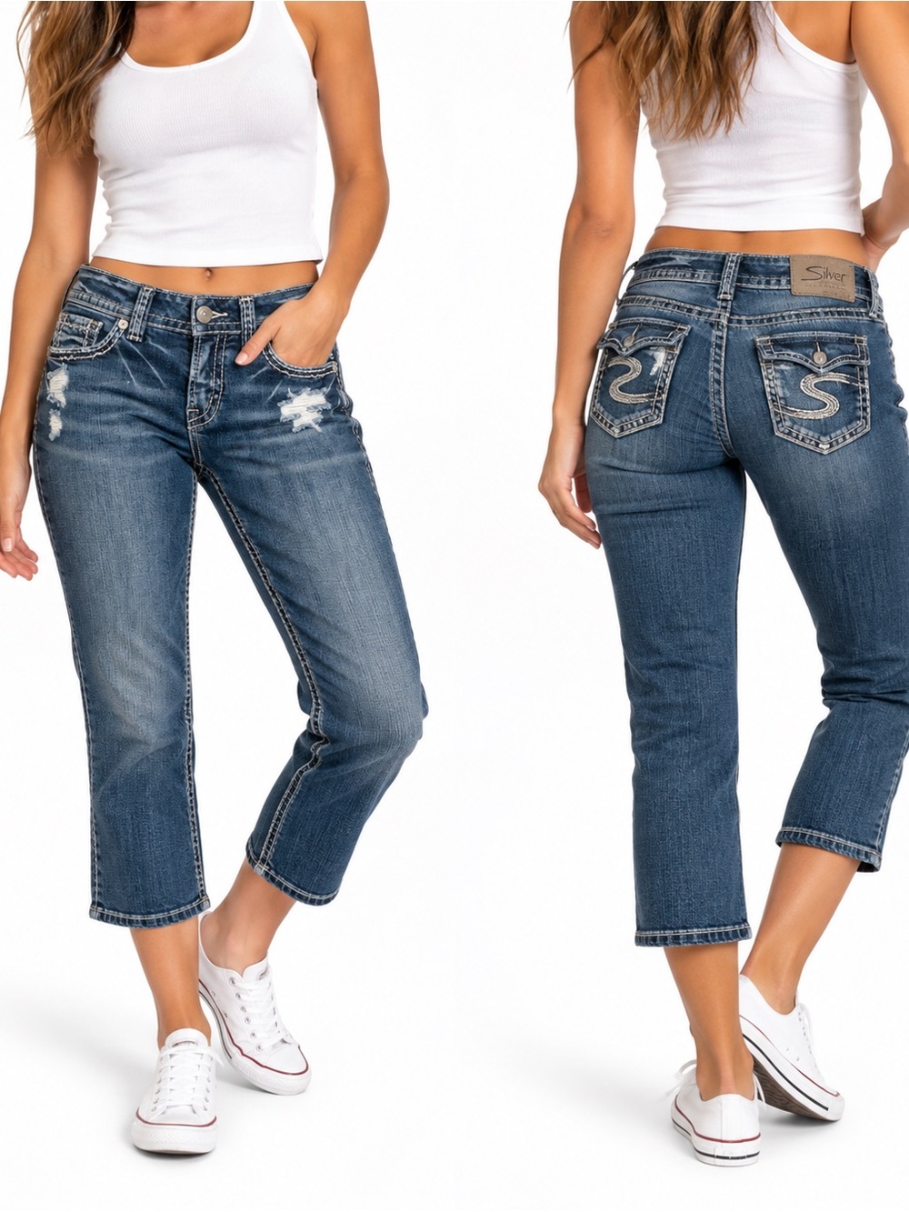 Silver Jeans Suki Capri Distressed Mid Rise Cropped Jeans W29 L22.5 Y2K